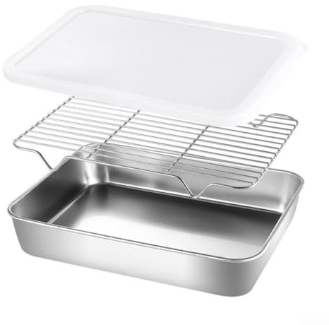 HpLive Bandeja de horno de acero inoxidable con rejilla de enfriamiento y tapa, para asar carne, aves de corral y enfriar pan o galletas (31 x 24 x 5 cm)