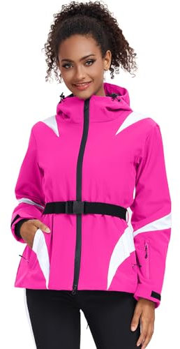 ALSOGO Damen Skijacken Wasserdicht Isoliert Snowboard Berg Kapuzen Schnee Mantel Jacke mit Gürtel Rose L