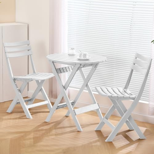 KAIHAOWIN Bistroset 3-teilig, Bistrotisch Mit 2 Stühlen Klappbare Balkontisch Set 2 Personen, Kleiner Gartentisch Kunststoff Mit 2 Stühlen, Balkonmöbel für Garten, Balkon, Weiß