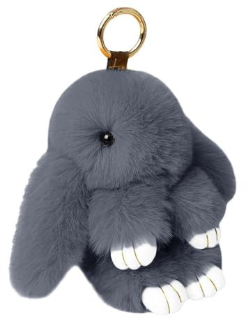 Bunny Schlüsselanhänger, flauschiger Hasen-Schlüsselanhänger, weich, niedlich, Rex-Kaninchenfell, Plüsch, Auto-Handtaschen-Schlüsselanhänger, Taschenanhänger, Dunkelgrau