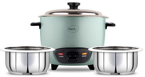 Pigeon Cuiseur à riz en inox avec double faitout 1,8 l | Couvercle en acier inoxydable | 700 W | 2 marmites en acier | Tasse à mesurer | Spatule | Cuisson écoénergétique
