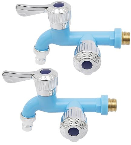2 Stück Wasserhähne, Wasserhahn mit Doppel Auslass für Waschmaschine Spülmaschine und Badezimmer Wandmontiert Keramischer Ventileinsatz für Waschküche Küche Garage (Blau)