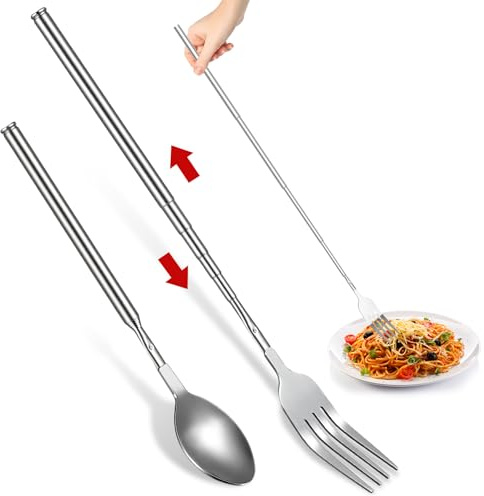 Ausziehbarer Gabellöffel, 2-teiliges Teleskop-Gabellöffel-Set, Edelstahl, lange Gabelverlängerung, einziehbare Löffel für das Abendessen, ausziehbarer Verlängerungsgabellöffel zum Grillen, Toasten