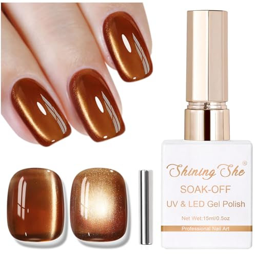 Shining She Gel Nail Polish Cat Eye, 15ML Brown Glassy Crystal Magnetic Nail Polish with Magnet Soak-Off UV/LED Shimmer Glitter Gel Polish for Nail Art Salon DIY Home, 1PC