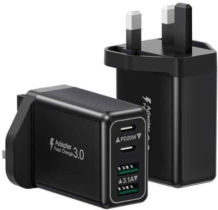 2-Pack USB C Charger Plug, 40W 4-Port USB C Plug Fasr Charge UK, Dual USBC Power Adapter+ QC USB Wall Plug, Mutil Type C Charging Plug for iPhone 16 15 14 13 12 11 Pro Max Plus, Samsung Galaxy S24