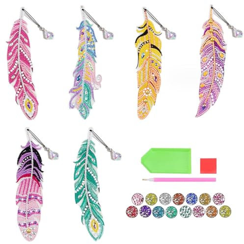 VIDSTW 6 Pièces Marque Page Diamond Painting Enfant DIY Peinture Diamant Enfant avec 1 Trousse à Outils Marque-pages en Forme de Plumes de Peinture Diamant pour 7,8,9,10,11 Ans