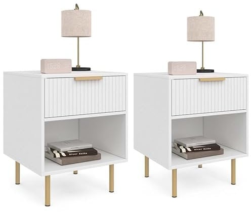 IDMarket - 2 Nachttische Marcel, 1 Schublade mit Nische, Latten, Holz, Weiß und Gold