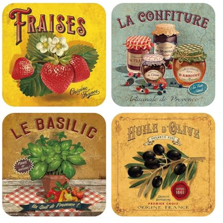 Lot de 4 - Set de Table Vintage Plastique 30x30cm - Rétro Légume Fruit Sets de Table Lavable en PVC Cuir - Antidérapant - pour Salle à Manger Cuisine Restaurant (Set DA 3)