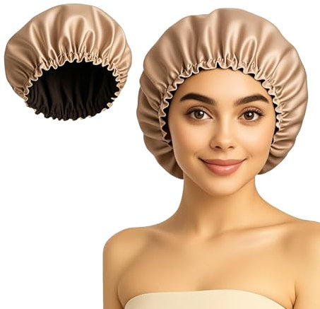 Flomiara 2 Pcs Shower Cap, Shower Hat Satin Bonnet, Reusable Elastic Band Bath Caps Adjustable Suitable Variety Hair Styles, Silky Sleep Bathing Cap for Women Long Curly Hair, Champagne Color