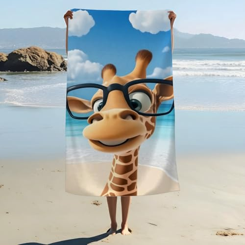 ZABAOBO Mikrofaser-Giraffen-Strandtuch, niedliche Giraffe mit Brille, Sommer-Stranddruck, Handtücher für Damen, Erwachsene, Mädchen, lustiges Badetuch, Geschenke zum Schwimmen, Surfen, 80 x 160 cm