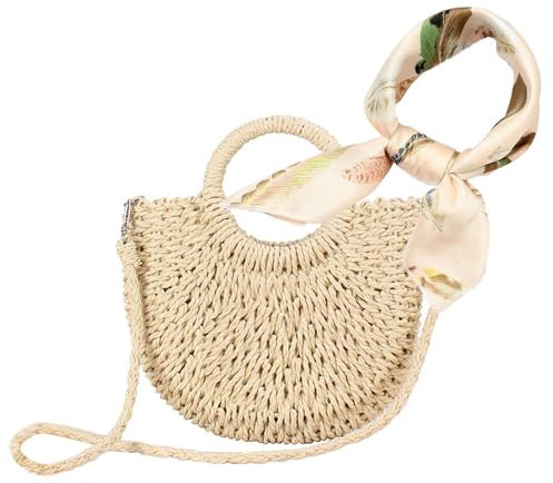 Womens Straw Beach Bag Woven Crossbody Shoulder Bags with Silk Scarf for Summer Beach Purses (Beige)