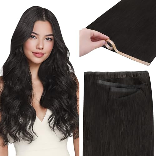 GOO GOO Tape in Weft Extensions Echthaar, Genius PU Long Weft Extensions Echthaar, Seidig, einfach zu verwenden, 40cm 50g, 1B Schwarz