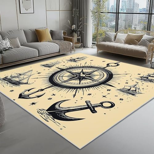 Teppich Traditionell Vintage Maritim Thema für Wohnzimmer Schlafzimmer Kinderzimmer Wohnzimmer, Soft Superfeiner Kaschmir Area Teppiche 60 x 110 cm, rutschfeste Teppich Aprikose