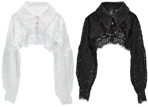 PLIGREAT 2 Colors Fake Collar Detachable Dickey Blouse Elegant Lace Half Shirt Blouse Long Lantern Sleeve False Collar Crop Top for Women Ladies Dresses, Black and White