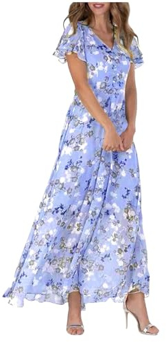 WVONIF Robe Longue D'été pour Femme Décontractée Volants Col Manches Courtes Mousseline Soie Robe de Plage Florale Trapèze Fête Robes Fleurie/Imprimé Col V Printemps Chic Légère été Vacances Jupe