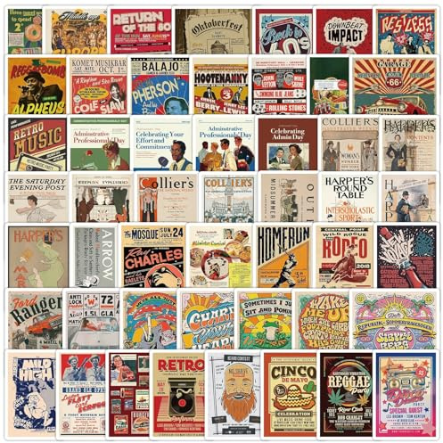 50 Stück Retro-Poster Aufkleber für Journal Auto Guitar Skateboard Laptop Wasserflaschen Fahrrad Gepäck Skateboard Helm,Vintage Aesthetic Wasserdicht Stickers für Jugendliche Erwachsene Kinder