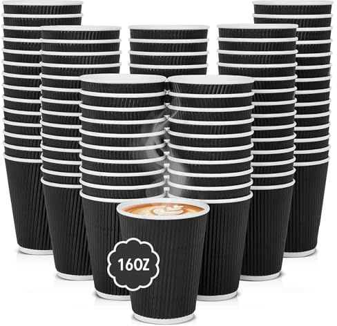 RAP Gloves 16oz Ripple Wall Disposable Paper Cups 500 Count Black Insulated | Supplied as 25 sleeves of 20, textured outer for heat protection, food grade board, for cafes, takeaways, offices and events