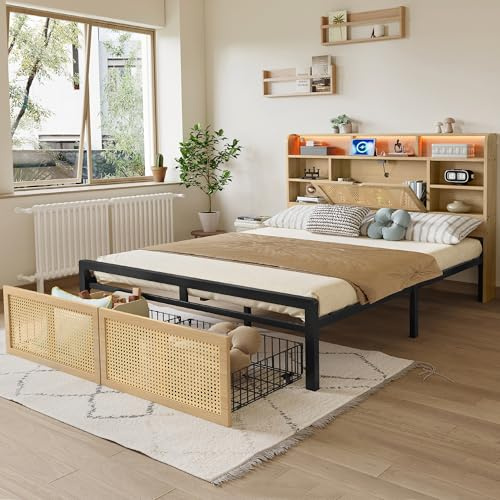 ModernLuxe Double Bed with Storage, 4FT6 Bed Frame with Charging Port and LED Light Strip, Headboard with Storage Compartments, PE Rattan-Style Drawer with Wheels, MDF and Iron, Wood Colour, 135x190cm