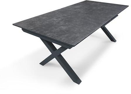 DCB GARDEN Table de Jardin Floride (180/240x100 cm) en Aluminium et Plateau en céramique sur Verre avec rallonge Automatique - Gris Anthracite