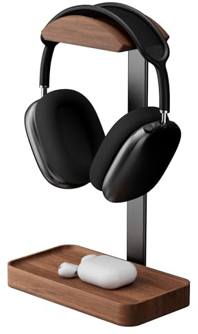 muso wood Walnut Headphone Stand, Wood Headset Stand with Storage Base | Desk Holder for Gaming & Office, Compatible with AirPods Max, Bose, Razer Headsets