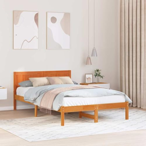 Mandloder Bettgestell Braun 120 x 190 cm Massivholz Kiefer, Modernes Holzbett mit Kopfteil, Stabil für Schlafzimmer, 200kg Tragkraft