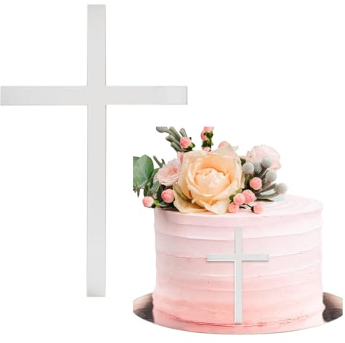 Luxorium 1 Stück Tortendeko Kommunion Kreuz in Silber Cake Topper für Konfirmation Taufe Torte Kuchen Dekoration aus Acryl