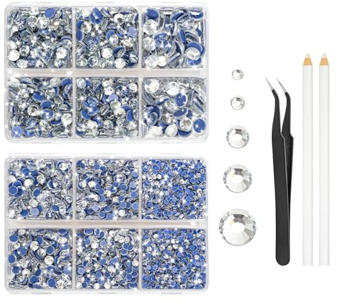Hotfix Strasssteine, 6600 Stück Strasssteine zum Textilien Aufbügeln, 5 Größen Rhinestones mit Wachsstift und Pinzette für Basteln und Kleidung(Kristall)