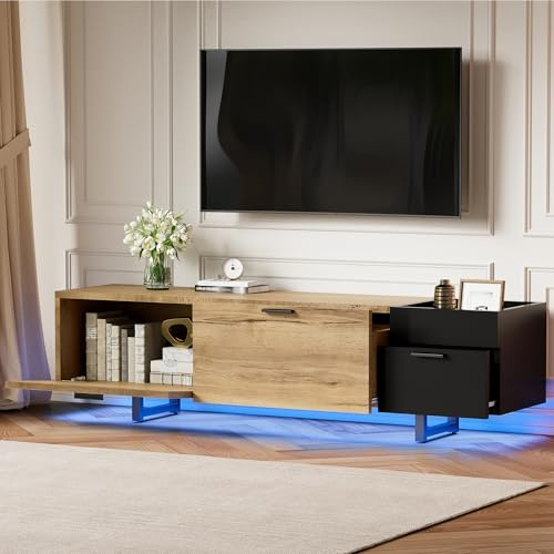 YuQozii Moderno mueble de TV en madera natural/contraste negro. Con compartimentos abiertos, cajones grandes y espacio de almacenamiento cerrado para una comodidad multifuncional organizada