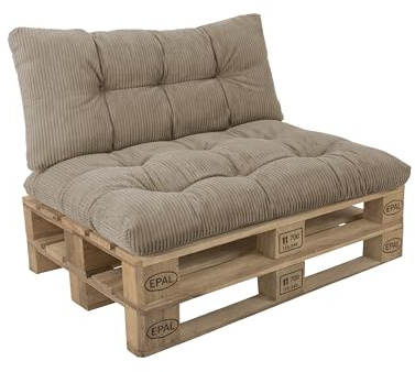 POKAR Palettenkissen 2er Set: Sitzkissen 120x80 + Rückenkissen 120x40 aus Cordstoff | Gesteppte Palettenauflage | Loungekissen für Palettensofa und Gartenmöbel | Oeko-TEX | Made in EU | Beige