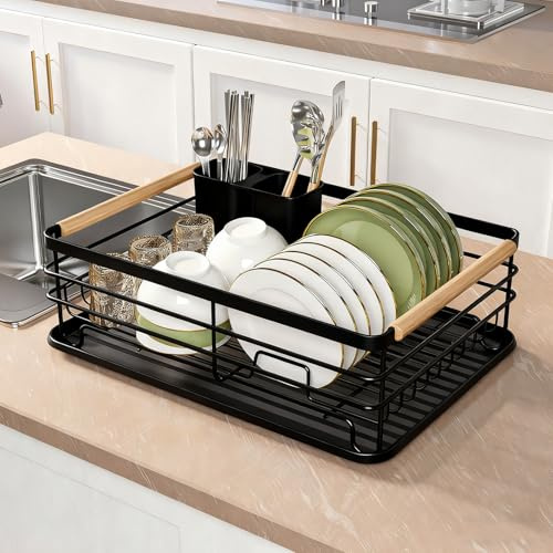 FORNORM Abtropfgestell,43 * 30.5 * 14cm Geschirr AbtropfstäNder, Abtropfschale Geschirr mit Besteckhalte für KüChen, GeschirrstäNder mit Holzgriff für Ablage für Teller GläSer Besteck