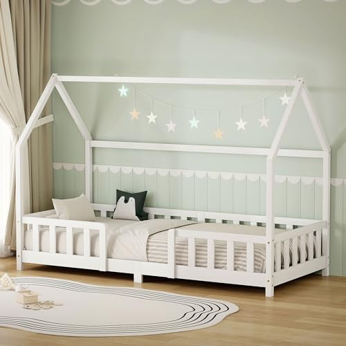 ML-Design Kinderbett Hausbett 90x200 cm mit Rausfallschutz, Dach & Lattenrost, Weiß, Bettgestell aus massivem Kiefernholz, Montessori Bodenbett, Holzbett für Mädchen & Jungen, Jugendbett, Einzelbett