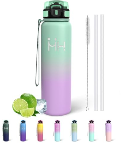 Mujigaga Botella Agua Acero Inoxidable, Botella Termica 1 litro con Pajita, Botellas Agua Gimnasio, A Prueba de Fugas, sin BPA, Reutilizable Cantimplora para Oficina, Cámping, Escuela