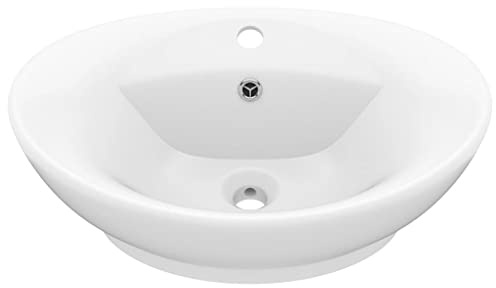 LMTYOENFG Lavabo da appoggio ovale, bianco opaco, 58,5 x 39 cm, lavabo in ceramica | Design elegante per bagno e toilette degli ospiti: lavabo con protezione troppopieno e foro per rubinetto preforato.