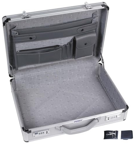 Perel Maletín para portátil y documentos A4, con 2 cerraduras de combinación, correa para el hombro y esquinas reforzadas, perfecto para uso diario, robusto, de aluminio, gris, 460 x 335 x 110 mm