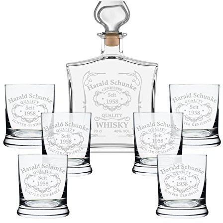 7-TLG Geschenk-Set mit Whiskeyflasche und 6 Whiskygläser - Edle Glas-Karaffe Inhalt: 700ml - Personalisiert mit Gravur Motiv Quality Whisky