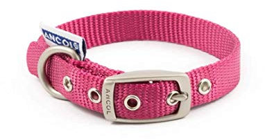 Ancol Nylon Eyelet Dog Collar Raspberry Pink Soft Comfortable Durable Heavy Duty Buckle Large D Ring Pet Puppy Neckband - 22-26 cm - XS