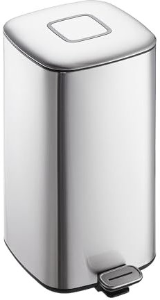 EKO Flacher, stylischer Abfallbehälter aus gebürstetem Edelstahl in Silber-Optik mit 32 Liter Fassungsvermögen, Fußpedal, Innenbehälter und Schließautomatik ideal für Küche oder Büro