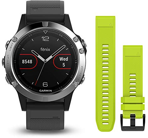 Garmin Fenix 5 - Reloj multideporte, con GPS y medidor de frecuencia cardiaca, lente de cristal y bisel de acero inoxidable, 47 mm, Silver pack 2 correas (Negra y Amarilla fluor)