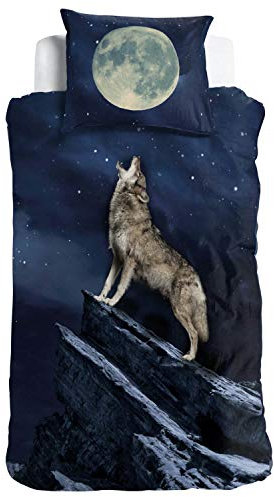 ESPiCO Wende Bettwäsche Sleep and Dream Wolf Wildtier Himmel Mond Sterne Nacht Vollmond Renforcé, Größe:135 cm x 200 cm