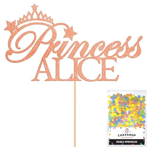 Personalised Birthday Princess Glitter Cake Topper- Rose Gold Any Custom Name Glitter Cake Decoration and Sprinkles - Happy Birthday Decorations - Personalised Toppers for Cakes by Cakeshop