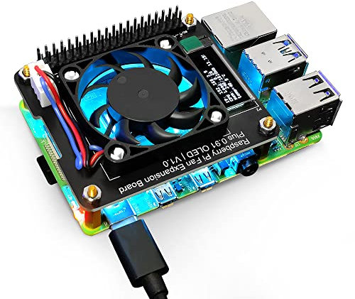 GeeekPi Fan Hat Module für Raspberry Pi 4 Model B, Raspberry Pi PWM Lüfter GPIO Expansion Board mit 0,91 Zoll OLED Display für Raspberry Pi 4B/3B+/3B/2B