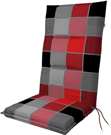 Doppler Hochlehner-Auflage Spot 118x48x5 cm – Weiches Gartenstuhl-Polster | Schwarz Rot Kariert | Komfortable Sitzauflage mit Bindebändern für Balkon, Terrasse & Garten