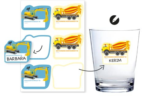 Namensaufkleber * BAUSTELLE * zum Beschriften | 6 Sticker auf einem A5 Bogen | als ergänzende Alternative zu Pappbecher | Bauarbeiter Bagger Aufkleber zum Kindergeburtstag & Basteln