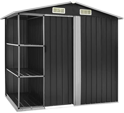 KOIECETA Gartenhaus mit Regal 4 Lüftungsschlitzen Schiebetür Geräteschuppen Gartenschuppen Gerätehaus Garten Schuppen 205x130x183cm Eisen (Anthrazit)