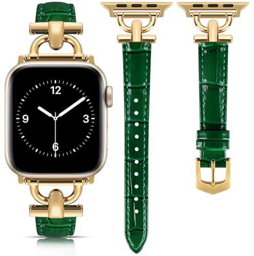 mxiixnai Cinturino in Pelle compatibili con Apple Watch 38mm 40mm 41mm,Con fibbia in metallo a forma di D per iWatch Serie SE 9 8 7 6 5 4 3 2 1,Verde/Oro