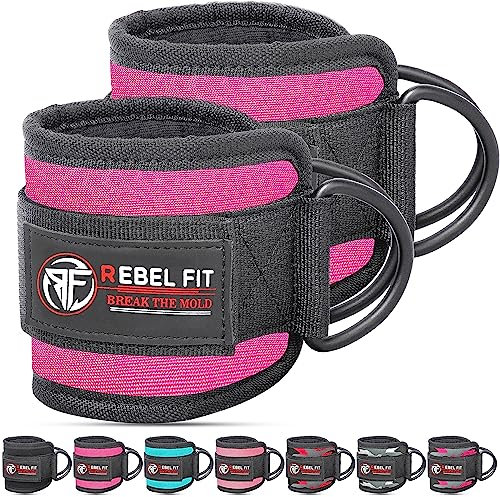 Rebel Fit Ankle Straps For Cable Machines Work Out Cuff Attachment For Home & Gym Straps, Ankle Cuffs Workouts- Kickbacks, Cable Ankle Strap Adjustable Support Gym Cuffs (Magenta Pink Pair)