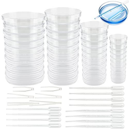 Jiehaojia 40 Stück Kunststoff Petrischalen Set mit Deckel 35, 60, 70, 90mm Transparente Petrischalen mit 12Pcs Kunststoff-Transferpipetten und 6 Pcs Pinzette, für Labor