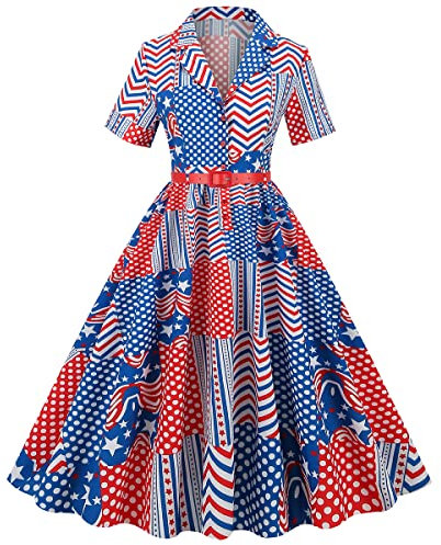Damenkleid im 50er-Jahre-Stil, amerikanische Flagge, 1950er-Jahre, Audrey Hepburn, Revers, Vintage, V-Ausschnitt, Cocktailkleid, Swing-Kleid mit Gürtel, US-Flagge, Groß