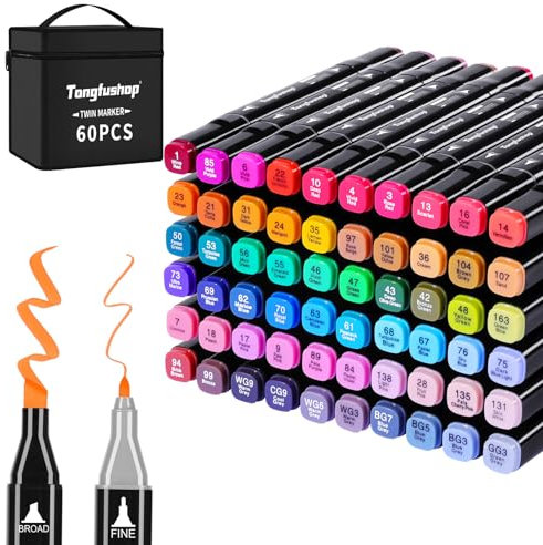 Tongfushop 60 Alkohol Stifte Set, 2 Sekunde Schnell Trocknende Alkohol Marker Set, Doppelseitige Marker Stifte Filzstifte mit Anti-Seepage Abstandshaltern für Malerei, Zeichnung, Design, Manga