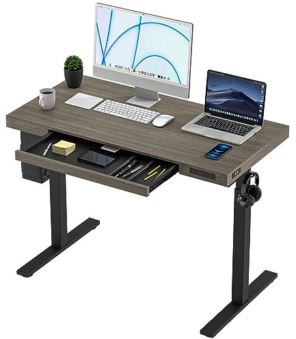 KOWO Schreibtisch Höhenverstellbar Elektrisch 120 x 60 cm, Graue Holz Tischplatte, Höhenverstellbarer Schreibtisch, Ergonomischer Sitz-Stehpult Tisch, Computertisch - Schwarzes Gestell